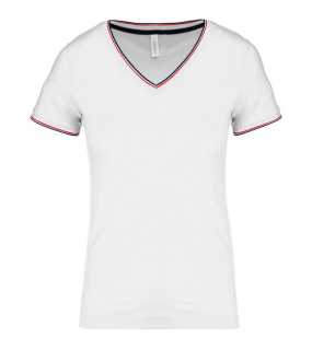 Dámske tričko(Kariban"LADIES' PIQUÉ KNIT V-NEK T-SHIRT")>biela / modrá(navy) / červená>M
