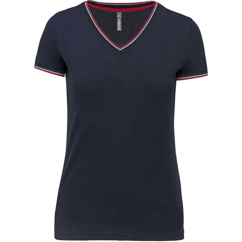 Dámske tričko(Kariban"LADIES' PIQUÉ KNIT V-NEK T-SHIRT")>modrá (navy) / červená / biela>M