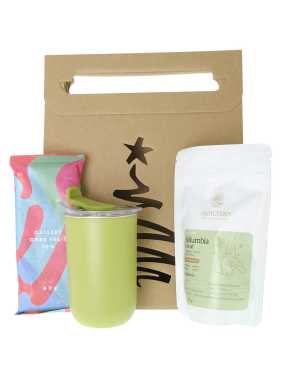 Vianočná darčeková taška Decaf Kolumbia a zelený temopohár