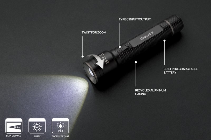 Veľké USB svietidlo Gear X z RCS recykl. hliníka > čierna