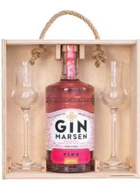 Remeselná Gin pink 38% v drevenej darčekovej krabici + 2 x pohár. 700 ml