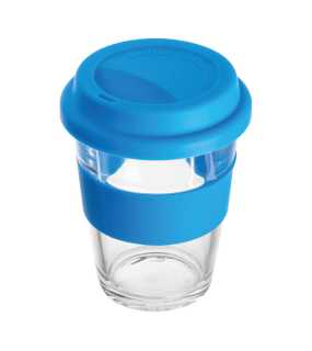 Sklenený hrnček so silikónovým puzdrom a vekom > modrá