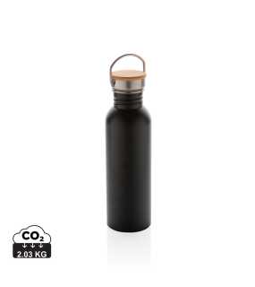 Moderná nerezová fľaša s bambusovým uzáverom > čierna