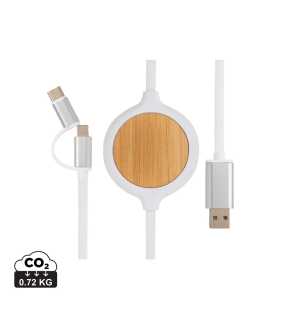 Kábel 3 v 1 s bambusovou bezdrôtovou nabíjačkou 5W > biela
