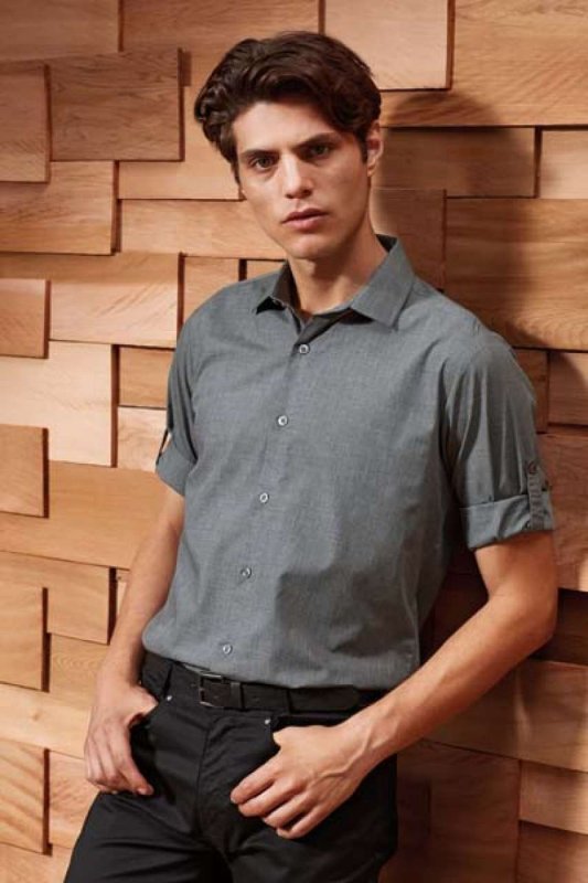 Pánska košeľa(Premier MEN'S CROSS-DYE ROLL SLEEVE POPLIN BAR SHIRT)>modrá(indigo denim)>S