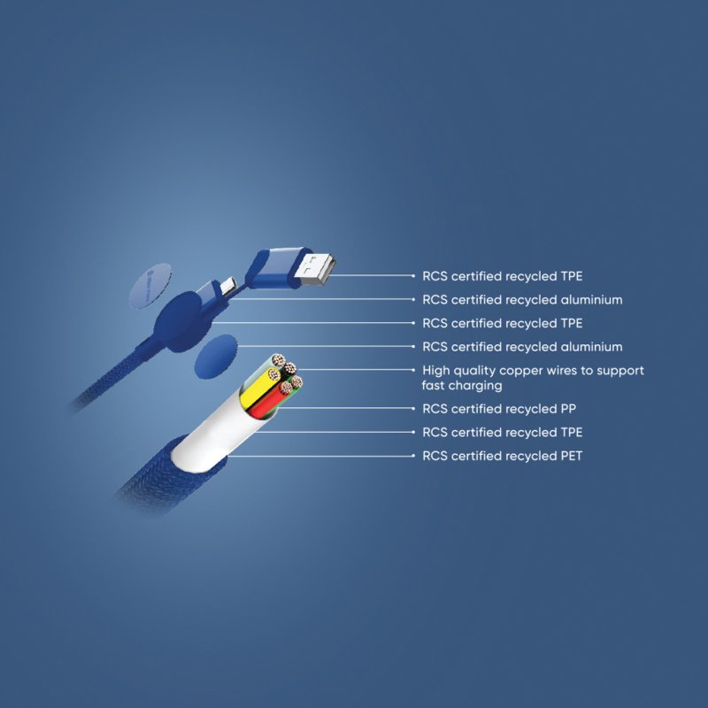 Nabíjací kábel 6 v 1 Oakland 1,2m 45W z RCS recykl. plastu > modrá