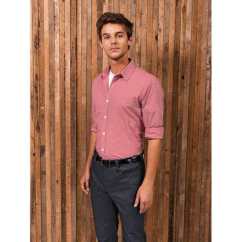 Pánska košeľa(PREMIER MEN’S MICROCHECK(GINGHAM) LONG SLEEVE COTTON SHIRT)>čerená/biela>L