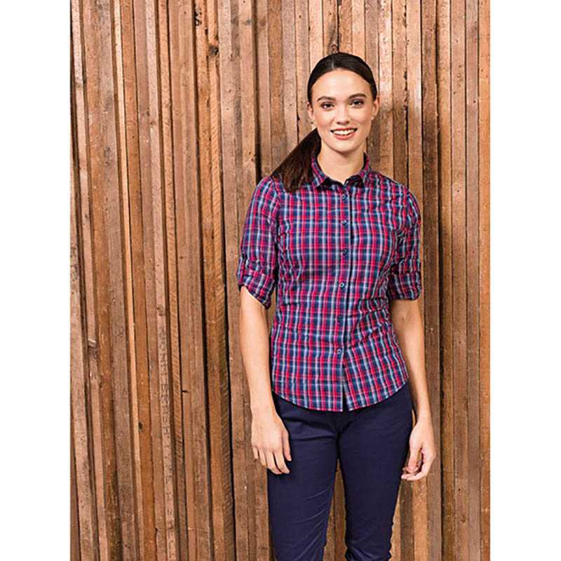 Dámska košeľa(PREMIER "SIDEHILL" CHECK - LADIES COTTON LS SHIRT)>modrá(navy)/červená>XL