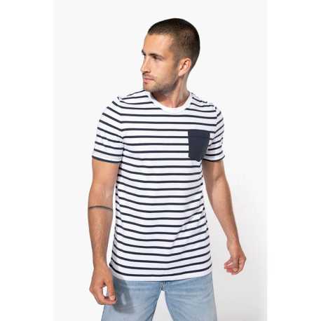 Pánske tričko(Kariban STRIPED SHORT SLEEVE T-SHIRT WITH POCKET)>biela(striped)/červená>M