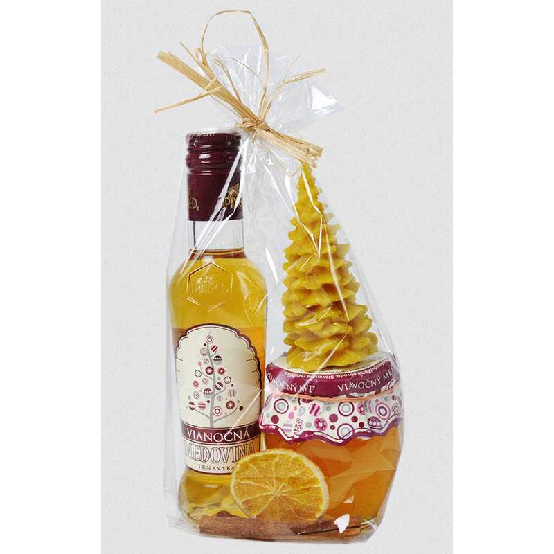 Vianočný darčekový set Vianočná medovina 180ml, kvetový med 250g amfora, vianočná sviečka