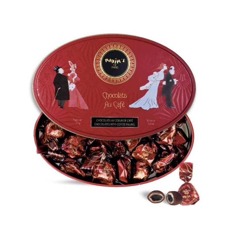 Red oval tin of coffee chocolate candies 175 g Maxim’s