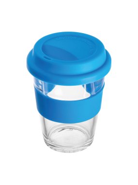 Sklenený hrnček so silikónovým puzdrom a vekom > modrá
