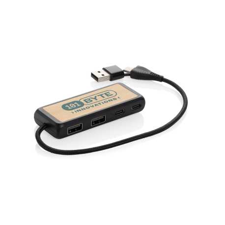 USB rozbočovač s duálnym vstupom Link z RCS plastu a bambusu > čierna