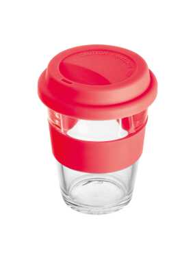 Sklenený hrnček so silikónovým puzdrom a vekom > červená