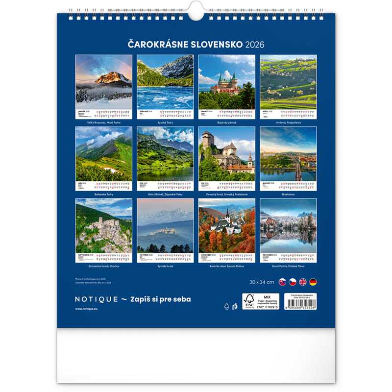 Nástenný kalendár (Čarokrásne Slovensko 2026) - 30 x 34 x 1 cm