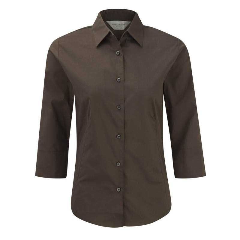 Dámska košeľa(3/4 Sleeve Easy Care Fitted RUSSELL) > hnedá (chocolate) > XS