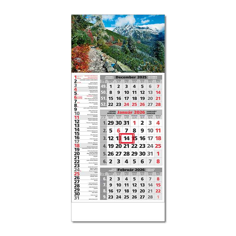 Nástenný kalendár (ŠTANDARD 3M 2026) - 29,5 x 66,3 cm > sivá > Obr. H