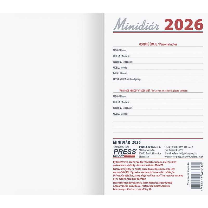 Diár (Minidiár 2026) - 9 x 16,5 cm > modrá > vreckový týždenný