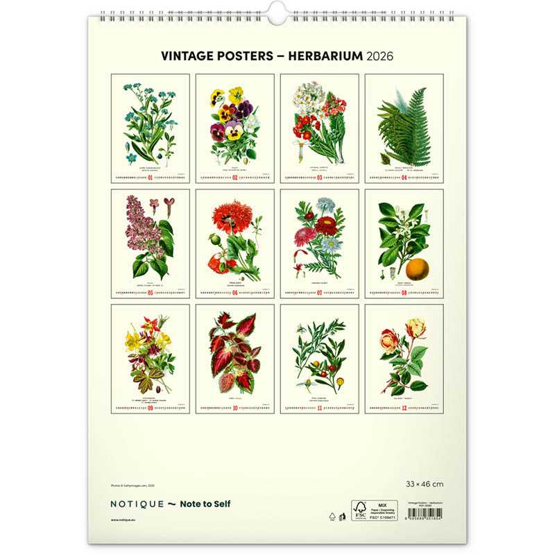 Nástenný kalendár (Vintage plagáty – herbár 2026) - 33 x 46 x 1 cm