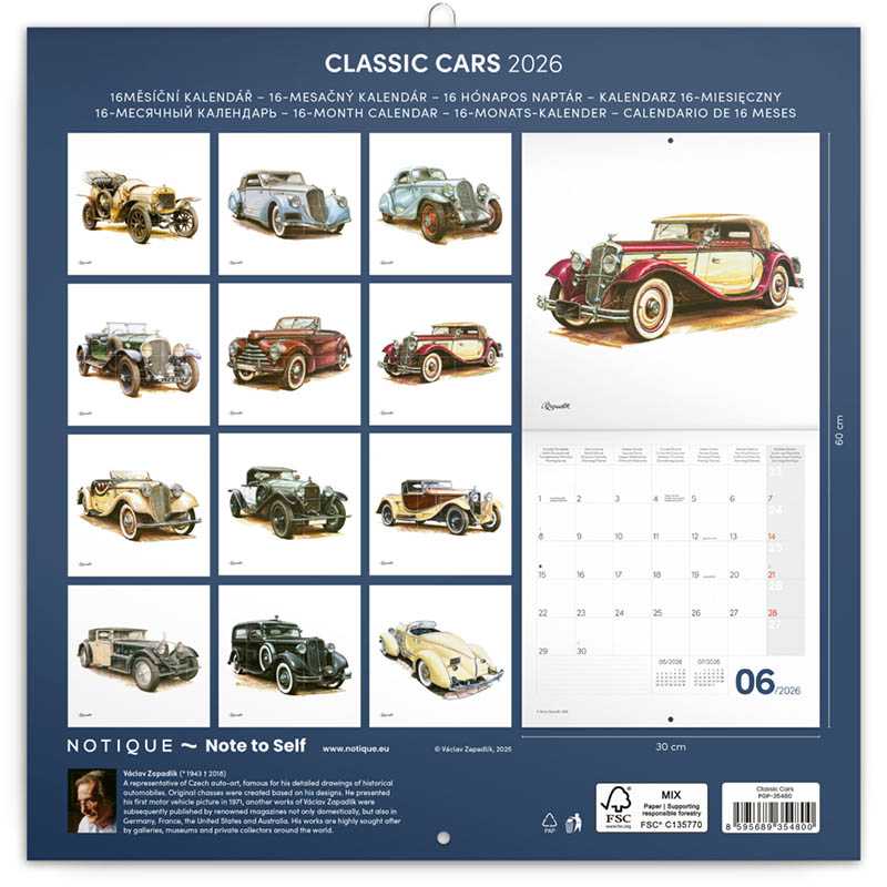 Nástenný kalendár (Classic Cars – Václav Zapadlík 2026) - 30 x 30 x 1 cm