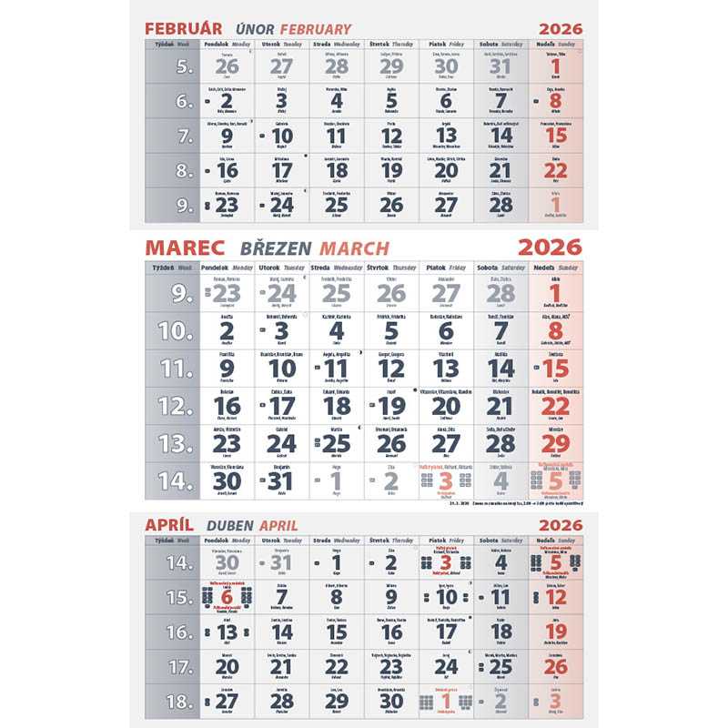 Nástenný kalendár (3-mesačný kalendár - BIELY  2026) - 30 x 46,5 cm