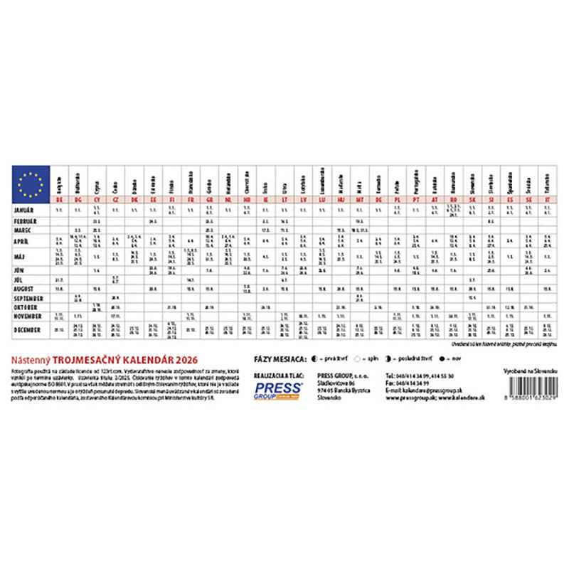 Nástenný kalendár (3-mesačný kalendár - BIELY  2026) - 30 x 46,5 cm