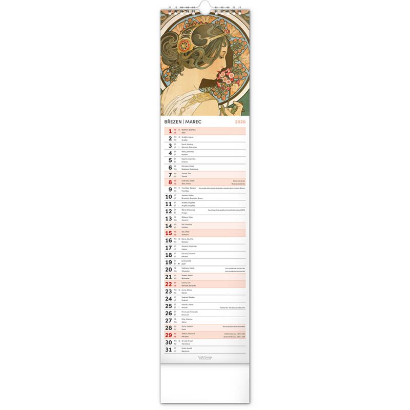 Nástenný kalendár (Alfons Mucha CZ/SK 2026) - 12 x 48 x 1 cm